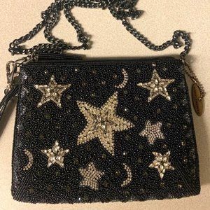 Mary Frances Celestial Moon and Stars Beaded Black and Silver Evening Bag
